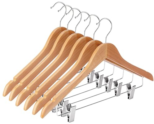 Ulimart Wooden Hangers with Clips 12 Pack Wooden Pants Hangers,Skirt Hangers with Adjustable Clips,Hangers for Pants,Jeans,Slacks,Shorts（Natural）