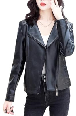 Damen Moto Biker Reißverschluss Jacken Umlegekragen Schaffell Lederjacke Mantel, 9901 schwarze Jacke, 3XL