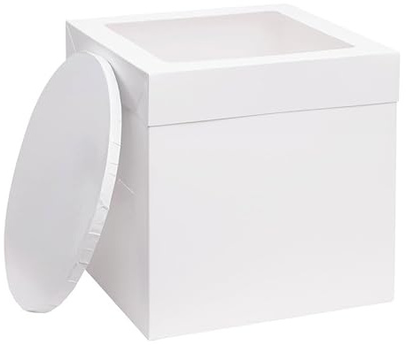 The Baked Studio - 12mm Thick Round White Gloss Cake Drum and Tall Box With Window (8 Inch)