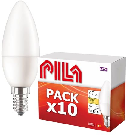 PILA Pack da 10 lampadine LED E14, 4,9 W (= 40 W), luce bianca calda (2700 K), 470 lumen, non dimmerabile, CRI80, durata 15.000 ore