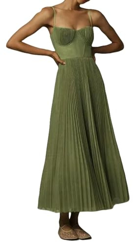 LZROPC Damklänning, korsettklänning för kvinnor, elegant spagettirem, bustier, midiklänning, lågskuren flödande veckad fåll, formell klänning med grön-l