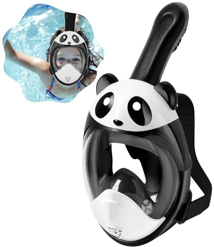 KLERICER Kids Snorkel Mask Full Face, Cute Animals Shape 180° Panoramic View Full Face Diving Mask, Wider Breathe Tube Anti-Fog & Dry Top Snorkeling Gear Set, Scuba Mask for Kids Aged 4-12 (Panda)