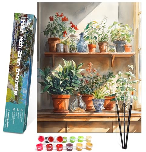 Bougimal Pintura por Números Adultos Paisaje con Pinceles y Pinturas Acrílicas - 40 x 50 cm, Sin marco, Planta de ventana 1
