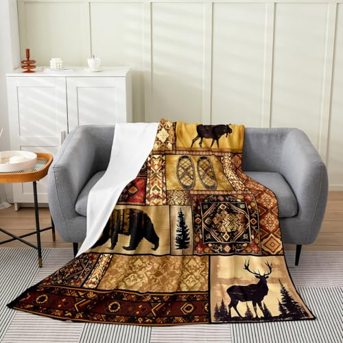 Loussiesd Manta de franela de forro polar para niños, 40 x 50 pulgadas, oso salvaje, alce, cobija mullida para niños y niñas, con cuernos, caza, manta de felpa rústica occidental de granja animal