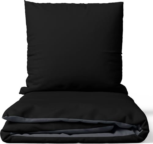 Leonado Vicenti Bettwäsche 200x220 3teilig Bettbezug - Bettwäsche-Sets mit 2 Kissenbezügen 80x80 cm, ÖKO-TEX Baumwoll-Satin Schwarz für Kingsize Bett mit Reißverschluss