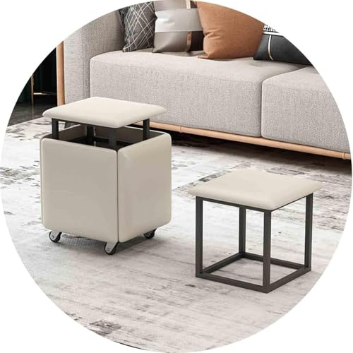 Magic Cube Stools 5 in 1 Niststuhl mit Ledersitz und Rollen, Hausmöbel Essküche weiche stapelbare Osmanen, weiß, 35x35x35 cm