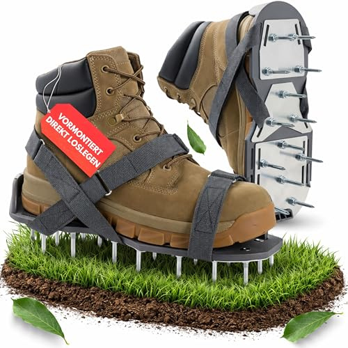 Vormontierte Rasenlüfter Schuhe & Nagelschuhe Düngerstreuer Gartenwerkzeug Set Spikes Schuhe Vertikutierer Handvertikutierer Rasenbelüfter Rasenrakel Estrichschuhe für Ausgleichsmasse