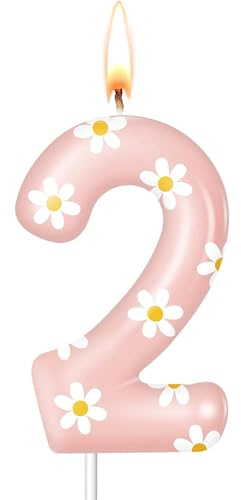 DazzJoy Gänseblümchen Geburtstagskerzen Zahlen 2 Jahre, Gänseblümchen Kerze 2 Geburtstag Mädchen, Geburtstagskerze Kuchen Deko 2. Geburtstag Mädchen Junge, Zahlen Kerzen 2 Rosa(ca.8,5cm)