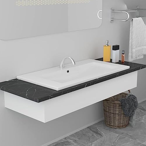 HaoChrymec Einbauwaschbecken aus Keramik mit Überlauf, Modernes Design für Badezimmer, Gäste-WC, Waschraum, Handwaschbecken, Weiß, 81 x 39.5 x 18.5 cm