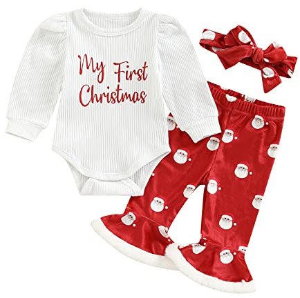 LYSINK My 1st Christmas Baby Girl Outfits Newborn Long Sleeve Romper and Velvet Santa Claus Print Flare Pants with Headband (01Red, 0-3 Months)