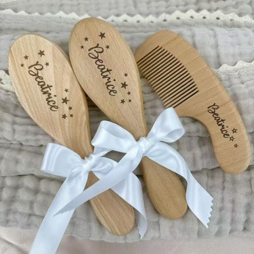Personalized Wooden Hair Brush & Comb Set, Cradle Cap Brush, Massage Hair Brush and Comb for Toddlers, Custom Newborns Gift(3pcs)