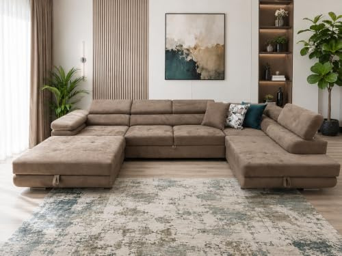 KMK GNYCH U-Form Sofa Rodos 345x202x90 cm, Schlaffunktion, Braun, Rechts | U-Form Sofa, Modern Couch mit mit Bettkasten, Weiches Ecksof fürs Wohnzimmer, Schlafsofa, Eleganter Monolith-Stoff