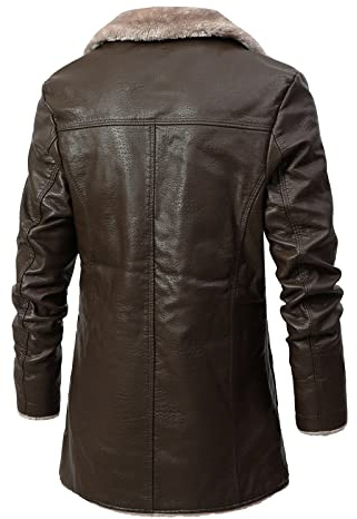 Generisch Cappotto invernale da uomo in pelle con fodera in pelliccia sintetica, per business casual, con design retrò con colletto a risvolto per autunno e inverno, marrone, L