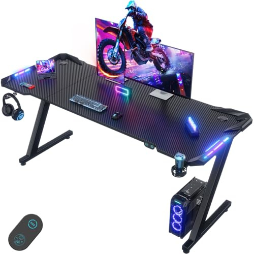 Devoko 160 x 60 cm Gaming Tisch, Gaming Schreibtisch mit LED | Kohlefaser-Oberfläche, Ergonomic Gamer Tisch with Drink Holder, Headphone Hook, Stabiler Computertisch