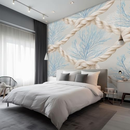 Coastal Rope Wallpaper Blue, Nautical Coral Reef Wall Paper for Bedrooms, Home Decor Photo Wallpaper for Living Room 280x200 Non-Woven Wall Mural W&37