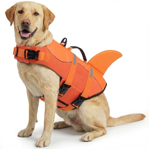 ASENKU Giubbotto Salvagente per Cani, Giubbotto Salvataggio Cane Squalo per Nuoto e Sport Acquatici,con Maniglia Superiore e Cintura di Sicurezza Regolabile, per Cani di Taglia Piccola Media Grande XL