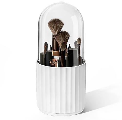 Feirdhoo Make Up Kosmetik Organizer, 360° drehbarer Pinselhalter, mit transparenter Haube, staubdichte Pinsel Aufbewahrung, für Schminktisch & Badezimmer, Weiß