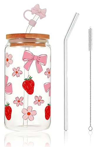 Joyawadori Iced Coffee Cup, 16oz Bow Glass Cup with Straw and Lid | Tumbler with Bamboo Lid, Reusable Straw, Straw Cover & Cleaning Brush, Gift for Girls Women