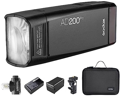 Godox AD200 Pro AD200Pro Pocket Outdoor Flash Strobe, 200Ws 2.4G TTL 1/8000s HSS Monolight, 0.01-1.8s Recycle, 500 Full Power Flashes, GODOX AD 200 Pro with Lithium Battery and Bare Bulb Flash Head