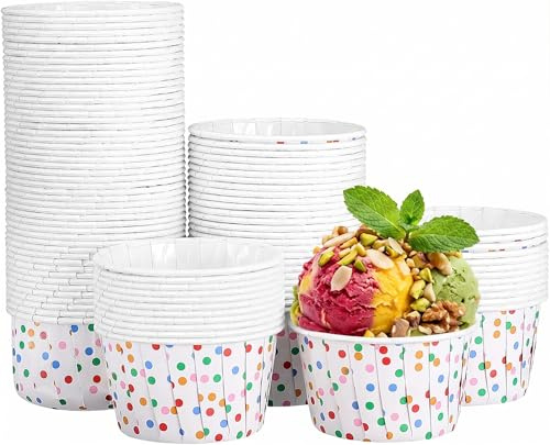 100Pcs Paper Ice Cream Cups : 3oz Small Ice Cream Tubs, Greaseproof Disposable Dessert Bowls for Cupcakes, Sundaes & Party Treats, Yogurt, Hot & Cold Foods