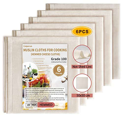 Colperun Passiertuch (6er-Pack - 50 x 50 cm) – Feines Mulltuch, wiederverwendbar | Ungebleichtes Käsetuch für Küche, Marmelade & Brot