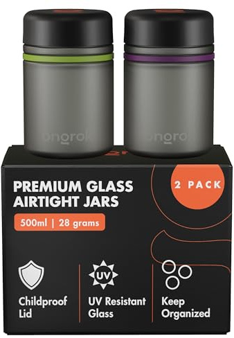 ONGROK Glass Storage Jar, 500ml, 2 Pack, UV Herb/Spice Jar with Child Resistant Lid, Color-Coded Glass Containers Air Proof to Preserve Smell and Aroma, Perfect Size to Store in a Drawer or Cupboard