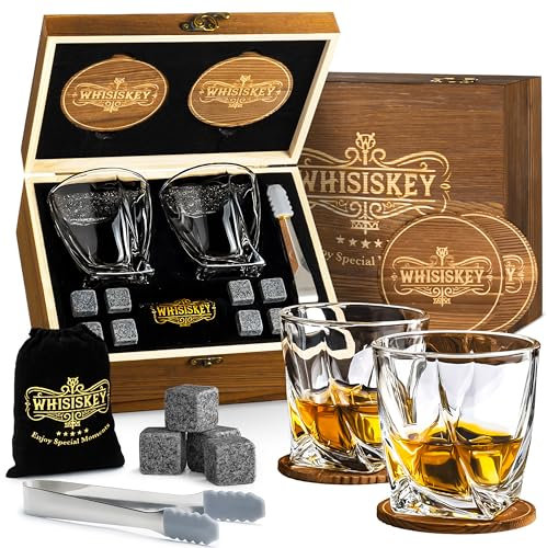 Whisiskey - Set de Accesorios de Whisky - Regalos Originales para Hombre - Incluyendo 2 Vasos, 8 Piedras de Whisky, Posavasos, Pinzas para Hielo - Cubitos Hielo Reutilizables, Regalo Hombre