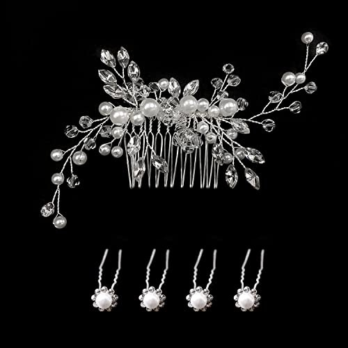 Confezione da 1 fermaglio per capelli con perle laterali con 4 forcine per capelli a forma di U, per donne e ragazze, spose, damigelle d'onore, accessori per capelli da sposa