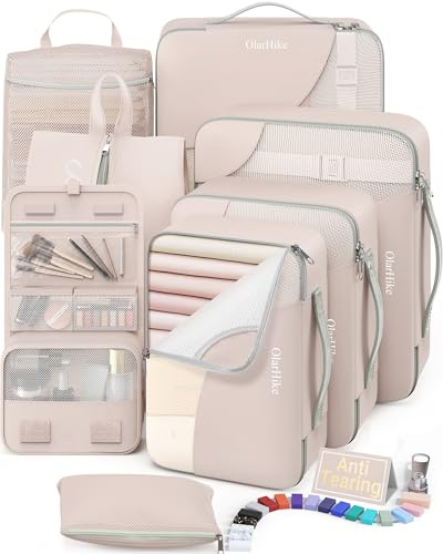 8 Set Packing Cubes for Travel, Gifts for Women Mom,Anti-Tearing Suitcase Organizer for Luggage with Shoe & Hanging Toiletry Bag,OlarHike Vacation Essentials & Accessories for Cruise Ship