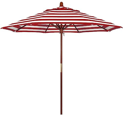 ZUMAHA Allzweck Belüfteter Terrassenschirm, rot-weiß gestreifter Strandschirm, 3 höhenverstellbarer Holz-Außenschirm mit Riemenscheibe Gartenschirm