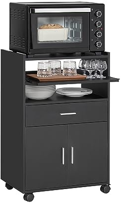 SoBuy Mobiletto Cucina con Ruote e Piano Estraibile – Mobile Cucina Salvaspazio con Cassetto e Ante, Credenza Cucina, Carrello Cucina per Microonde, Ufficio o Sala da Pranzo Nero 59×40×92 cm FSB09-SCH