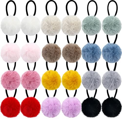 24 Pack Candy Colors Cute Small Fuzzy Pompom Hair Ties Scrunchies Pom Pom Elastics Pigtail Ponytail Holders Fluffy Hair Balls Rubber Bands Ropes Hair Accessories for Baby Girls Kids