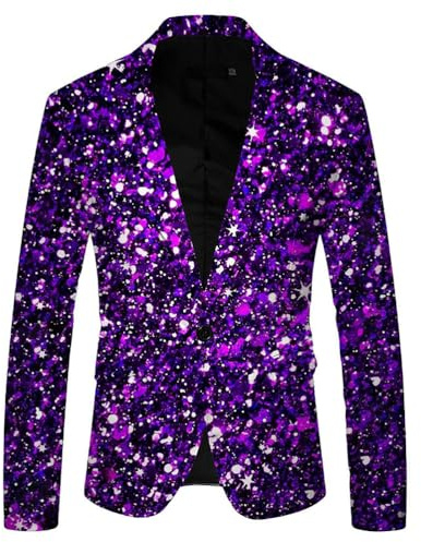 shownicer Blazer Veste à Paillettes Imprimé Sequin Homme Manches Longues Blazer Manteau Un Bouton Slim Fit Veste de Costume pour Smoking Soirée Fête Disco Party A Violet XXL