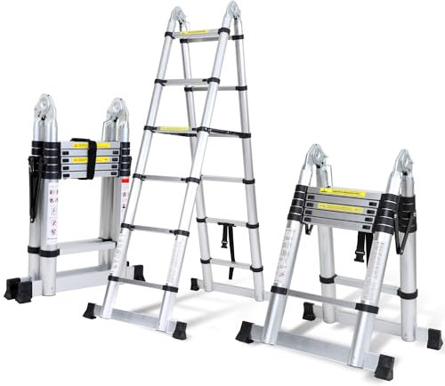 Fiqops 3,8M (1.9+1.9) Teleskopleiter Klappleiter Alu Multifunktionsleiter, Mehrzweckleiter Tragbar Ausziehleiter Max Belastung 150 KG/330 Pfund, Rutschfester, Silber