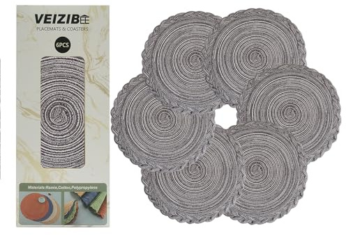 Platzsets Tischmatten 35cm Hitzebeständige geflochtene Tischsets Spitze Mahlzeit Matte Waschbare Anti Rutsch Runde Platzmatten für Küche, Hand gewebte Stoff Tischmatten von Ramie