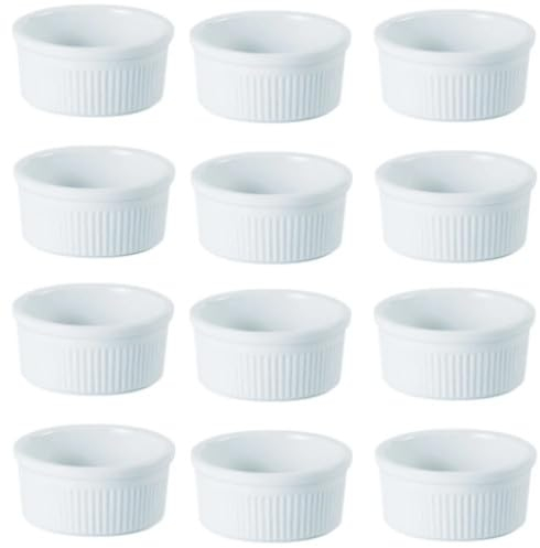 Set of 12 Porcelite Fluted Ramekins, 2oz, 6.5cm Diameter, White, Porcelain for Dips, Sauces, Creme Brulee, Baking, Dipping Sauce Dish, Oven Safe