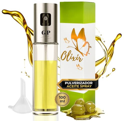 OLIXIR® Pulverizador Aceite Spray Cocina 100ml – Rociador de Cristal y Acero Inoxidable para Air Fryer – Vaporizador Aceite Oliva Dosificador Reutilizable para Freidora de Aire, Ensaladas y Parrilla