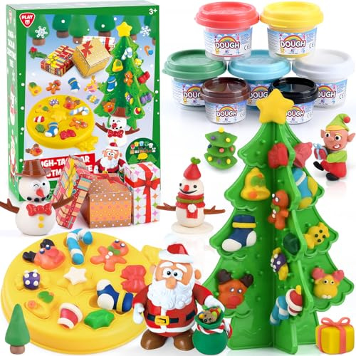 PLAY Weihnachten Knete Set für Kinder - Knete Zubehör knete ab 3 jahre DIY Weihnachtsbaum Set, Christmas Kinderknete mit knetwerkzeug 7 Dosen knetmasse, geschenk mädchen 4 5 6 7 8 9 10 jahre