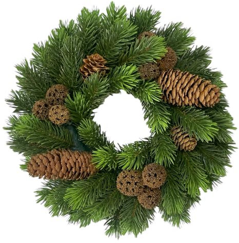 Künstlicher Tannenkranz mit echten Zapfen, ca. 24cm Ø. Türkranz, Adventskranz, Weihnachtskranz, Fengguo, Winterdeko, Weihnachtsdeko