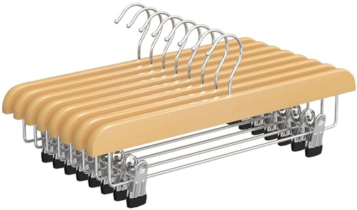 SONGMICS Wooden Pants Hangers 8 Pack, Pants Hangers with Adjustable Anti-Rust Metal Clips, 360° Swivel Hook, Skirt Hangers for Pant, Skirts, Natural Grain UCRW008-8