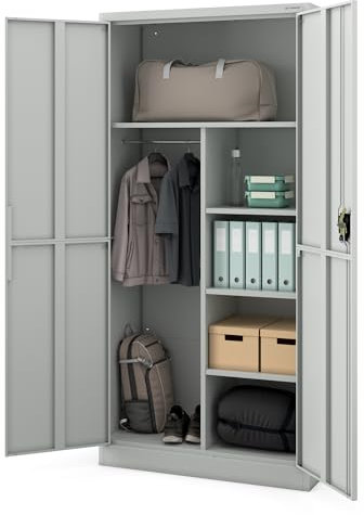 Jan Nowak Armadio in metallo, 185 x 90 x 40 cm, armadio da ufficio fino a 50 raccoglitori, 4 ripiani regolabili, serratura a tre punti, armadietto per gli attrezzi, grigio