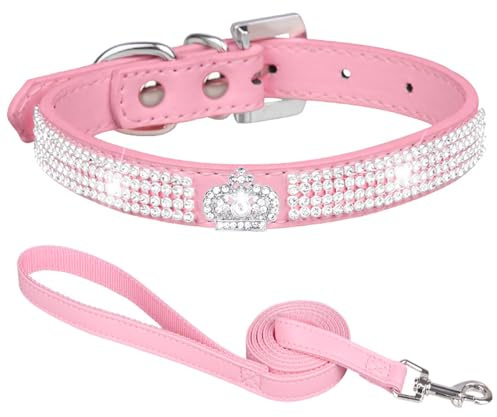 Suiecuor Hundehalsband mit Leine hundehalsband Strass hundehalsband kleine Hunde lederhalsband Hund für kleine mittlere und große Hunde Rosa XS