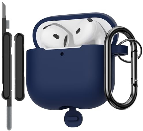 AOTUAO Hülle Kompatibel mit AirPods 4. Generation Hülle Case mit Reinigungsset, Weiches Silikon Stoßfeste Schutzhülle für AirPods 4 2024 Case Cover mit Karabiner, Midnight Blue