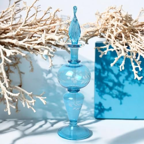 Ornamenta Hand-Blown Glass Perfume Bottle in Sky Blue, Modern Handmade Refillable Fragrance Decanter with Engraved Glass Design, Elegant Decorative Display Bottle for Gifting or Collectors