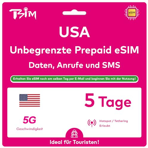 USA eSIM 5 Giorni. Rete T-Mobile con Dati Illimitati ad Alta Velocità, Chiamate Locali e SMS negli USA (Hawaii Incluse). Ricevi eSIM Stesso Giorno via Email e Inizia a Usare Immediatamente!