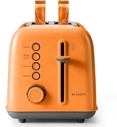 BUYDEEM DT620 2-Slice Toaster, Extra Wide Slots, Retro Stainless Steel with High Lift Lever, Bagel and Muffin Function, Removal Crumb Tray, 7-Shade Settings,Orange