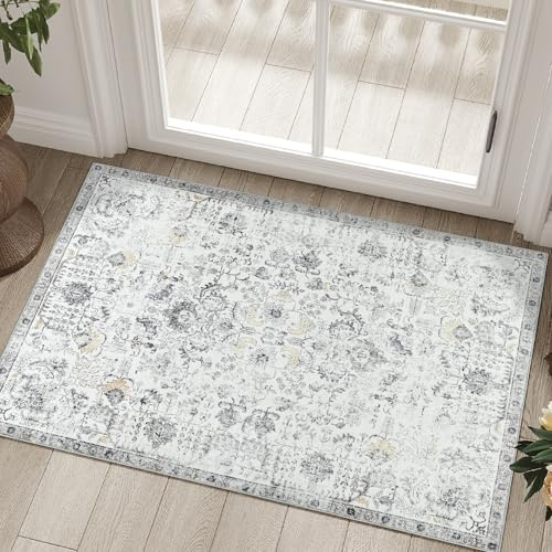 TOPICK Fußmatte Waschbar Fussmatte Innen Außen Kurzflor Retro Grau Blume Orientalischer Teppich 60x90cm Antibakterieller Faltbar rutschfest Türmatte für Haustür Eingangs Küche Patio Flur Schlafzimmer