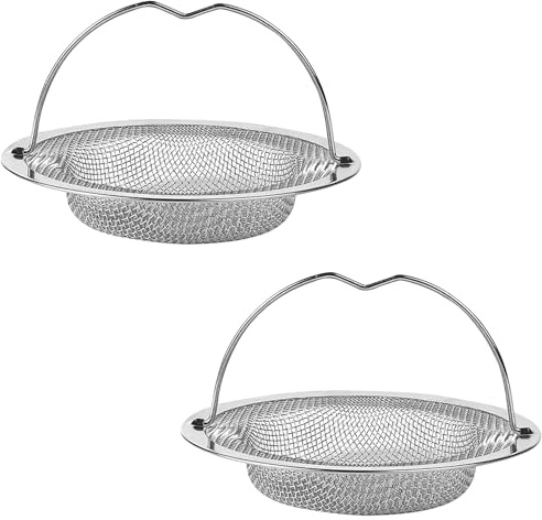 WOLMIK Sink Strainer - 2 Pack Kitchen Sink Strainer with Handle, Stainless Steel Large Sink Sieve with Lift-up Handle, Dia 6.5cm Anti Clogging Drain Strainer Sink Food Catcher Basket, Outer Rim 11cm