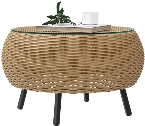 Outsunny Table d'appoint ronde en polyrotin - Table basse avec plateau en verre - Table de balcon - Table de jardin - Table basse en rotin - Table basse pour jardin, terrasse, balcon - Diamètre 75 x