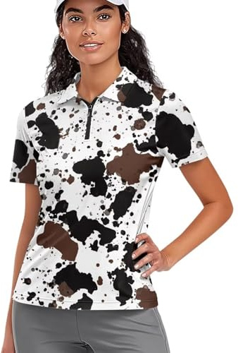 Ypexeognv Brown Cow Print Women's Short Sleeve Golf Shirt Polo Shirts for Work Womens St Patrick's Day Collared T-Shirts Casual Soft Fitted Blouses Hiking Workout Athletic Tops